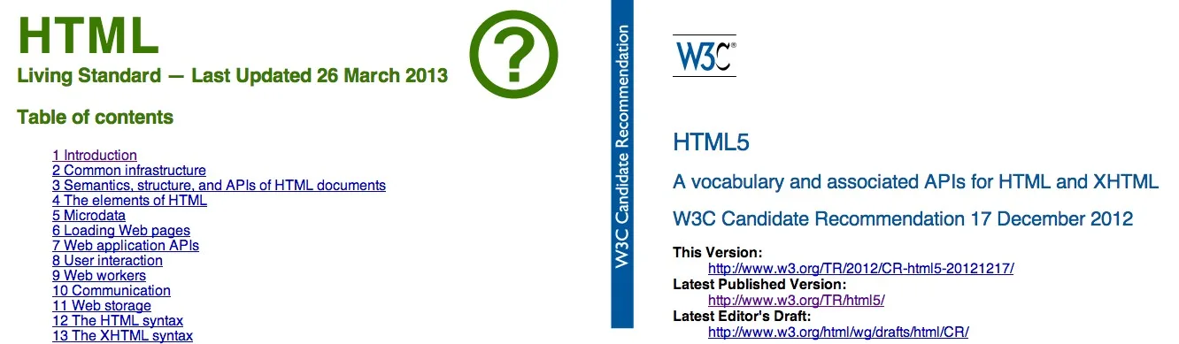 2013: HTML at WHATWG and W3C.